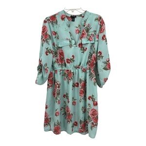 Justify Rose Print Roll Tab Sleeve Shirt Dress-Size XL